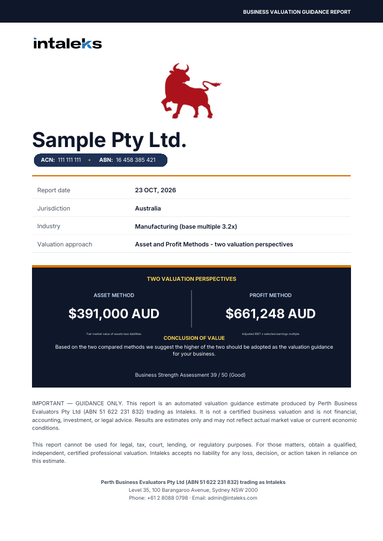 First page of the Intaleks sample business valuation report